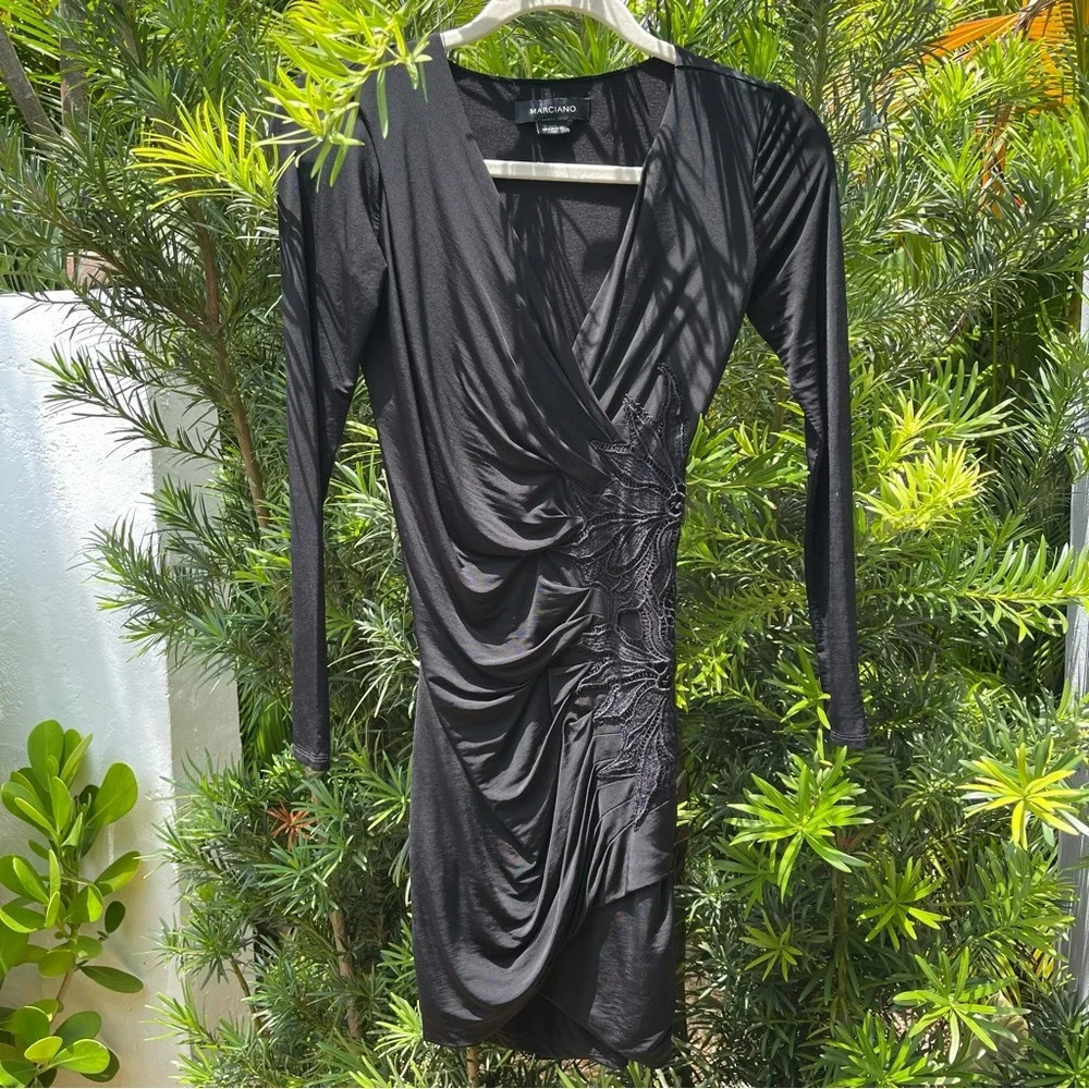 Marciano mini bodycon dress long sleeve viscose flower embellishment black XS